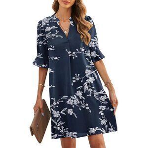 Women Blue-White Polyester V-Neck Loose Fit Short Sleeve Knee Length Shift Dress